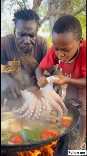 Brave Kid cooking big octopus alone in the jungle🌶🍗 #shorts