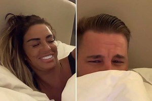 Katie Price giggles as Carl Woods covers his nose and shouts that she 'stinks'