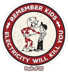 Remember Kids Electricity Will Kill You Sticker - Hard Hat Stickers, Reddy Kilowatt Warning Stickers; Set of 5 - Ideal for Electrician's Hard Hat, Laptop, Water Bottle, Car, and Helmet