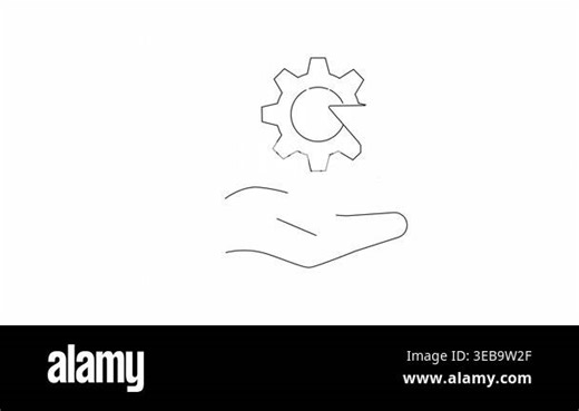 A minimalist line art icon showing a hand offering a gear and a cocktail glass, symbolizing service in the industry Stock Video Footage - Alamy