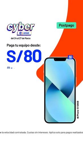 ¡Renueva tu celu 100% online en el Cyber Entel! Tu próximo celular con Entel🥳 Sigue disfrutando del verano con el celu que tanto necesitas. 😎 ¡Aprovecha el Cyber Entel! - Válido del 24/03 al 27/03/2025 en entel.pe para renovación para personas naturales. Stock mínimo: 50 equipos por modelo. Sujeto a evaluación crediticia. Se garantiza el 40% de la velocidad contratada. Cuotas sin intereses: Aplica solo para pagos realizados a traves de la pasarela de pago en https://miportal.entel.pe/ con tarj