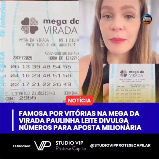 Conhecida por acumular vitórias em jogos de loteria, a ex-BBB Paulinha Leite voltou a chamar atenção ao divulgar, nesta terça-feira (23), alguns números que pretende apostar na Mega da Virada, que promete prêmio estimado em R$ 1 bilhão. Em publicação nas redes sociais, Paulinha mostrou um bilhete com três jogos e afirmou que se tratam de dicas para quem vai tentar a sorte no sorteio especial de fim de ano. As dezenas divulgadas foram: • 06, 13, 39, 48, 54 e 55 • 04, 16, 23, 48, 51 e 56 • 02, 17,