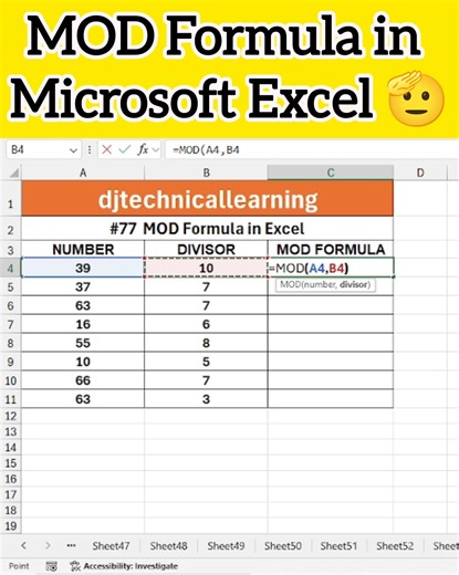 Master Excel's MOD function (=MOD(number, divisor)) in under 30 seconds! Learn how it finds remainders for grouping data, alternating row colors, summing every 3rd/5th value, and checking even/odd numbers—perfect for GST reports, payment cycles, and filtered accounting sheets. Examples: =MOD(10,3) returns 1; use with ROW() for banded formatting. Ideal for Tally/Excel pros handling periodic data! #Excel #ExcelShorts #MODFunction #ExcelFormula #ExcelMOD #ExcelTips #ExcelTutorial #AdvancedExcel #Ac