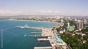 Wonderful panorama of the city of the resort of Anapa and the beaches in the city limits, a view from a drone from the sea.