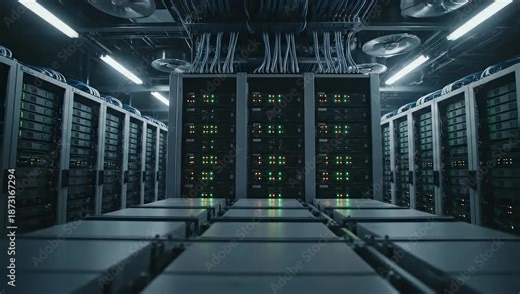 Data center interior server racks and cooling systems in modern facility