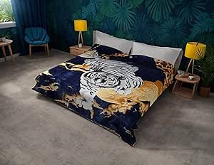 White Tiger Blanket Korean Mink Silky Soft Reversible Bed Comforter Bedspread Bedding Cobias Heavy Thick Weight Winter Warm All Season Throw(Queen, 71 Tiger Blue)
