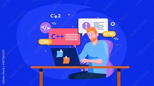 A man coding on a laptop with programming language symbols and icons in the background.