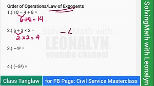 32K views · 1.2K reactions | BASIC MATH: Unlike Signs, Order of Operations and Law of Exponents (Ms. Leonalyn Mutia-Tayone) (This Free Math tutorial is aligned to Civil Service Exam Style. Free po ito sa lahat especially sa mga nag-attend ng live ni ma'am Leonalyn a few days ago dito sa page. For the purpose of completing the free review lang po ito since nagkaroon tayo ng technical problem last time.) | Civil Service Exam PH | Facebook