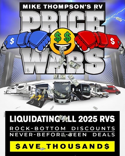 1.3K views |  RV PRICE WARS ARE ON!  Massive 2025 Model Blowout SAVE THOUSANDS!  Motorhomes, Vans, Trailers & More!  Shop Instore & Oline → MikeThompson.com | Go Country 105 | Facebook