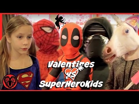 Kid Deadpool Valentines in Real Life Special with Spiderman Supergirl Batman Kylo! | SuperHero Kids