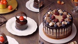 Elegant cherry mini cake & caramel drip berry torte