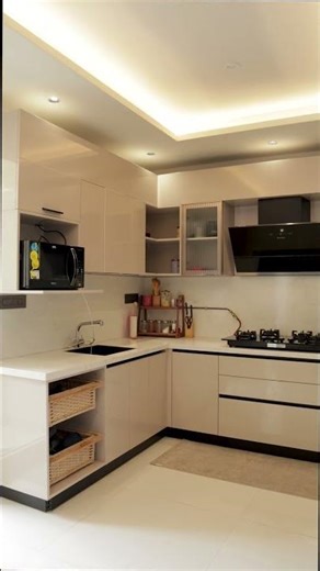 Modular Kitchen Design - U Shaped Kitchen with Fluted Glass Cabinets #Shorts