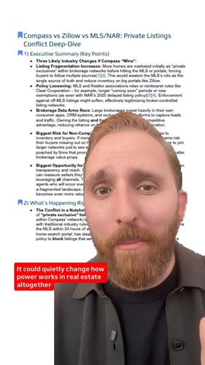 Chris Giannos on Instagram: "Everyone’s debating Compass vs Zillow. Almost no one is talking about what happens to teams and brokerages if Compass actually wins. This isn’t about opinions — it’s about downstream effects: inventory access, recruiting leverage, buyer trust, and margin pressure. I put together a 40-page objective report mapping every realistic outcome. Comment REPORT if you want it. & stay tuned because tomorrow I’ll break down what happens if zillow wins 👀 #realestateteam #reales
