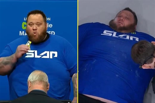 Stunning footage shows 33 stone Power Slap star getting viciously knocked out after eating chocolate during weigh-in