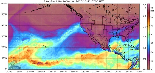 🍍Here's the Pineapple Express! Satellite-derived precipitable water plots courtesy of CIMSS at the University of Wisconsin Madison shows a moisture plume extending from the California coast all the way to the subtropical Pacific near Hawaii. #CAwx | US National Weather Service San Francisco Bay Area/Monterey California