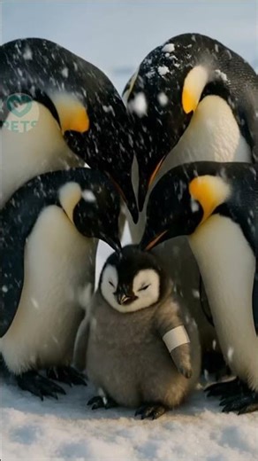 Penguins gives the warmest hugs to their family cub