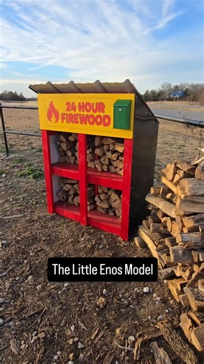 One of our mini stands, the Little Enos model. Four equal size bins. You can feel them as much as you want to and charge whatever you want to for each bin. Flat rate firewood stand. Check us out at 24hourfirewood.com #firewood #smokeyandthebandit #passiveincome #camping #newyear | 24 Hour Country Boy