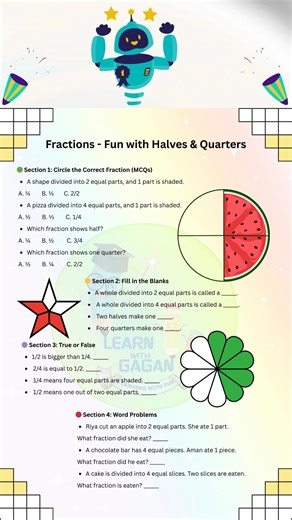 Fractions – Fun with Halves & Quarters | Quick Revision Worksheet 🤩 A simple and engaging fractions practice worksheet to understand halves and quarters with clear examples and exercises. fractions worksheet halves and quarters fractions for class 2 fraction practice worksheet understanding fractions maths fractions basics halves and quarters worksheet fraction revision primary maths fractions maths worksheet printable equal parts fractions fraction MCQs math practice sheet #Fractions #HalvesAn