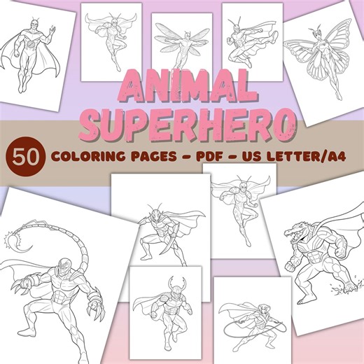 Animal Superhero Coloring Pages for Kids, Printable Superhero Coloring Book PDF, Action Fantasy Heroes, 50 Pages US Letter A4 - Etsy