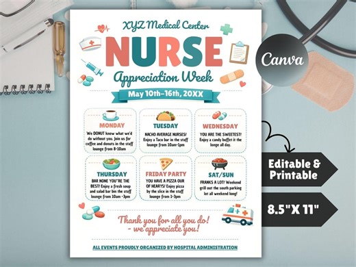 Editable Nurse Appreciation Week Flyer | Nursing Itinerary Template | Canva Printable | Nurse Event Schedule - Etsy