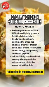 Creamy Chicken Stuffing Bake 🥘🍗🥕 Ingredients For the chicken and vegetable base 3 cups cooked chicken, shredded or cubed 1 can (10.5 oz) cream of chicken soup 1/2 cup sour cream 1 cup frozen peas and carrots 1/2 tsp garlic powder 1/4 tsp black pepper For the stuffing topping 1 box (6 oz) chicken-flavored stuffing mix 1/2 cup unsalted butter, melted 1 cup chicken broth For garnish Fresh thyme or parsley, chopped Serves: 6 Prep time: 10 minutes Cook time: 30 minutes How to Make: Preheat your ov