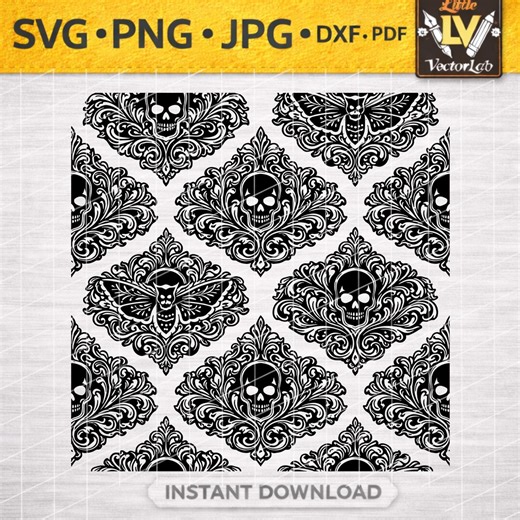 Gothic Skull and Moth Seamless Pattern | Skull Damask Digital Paper | Repeating Gothic Background SVG PNG Jpj DXF Pdf - Etsy