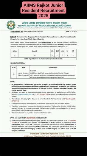 AIIMS Rajkot Junior Resident Recruitment 2025 #aiims | Government Jobs