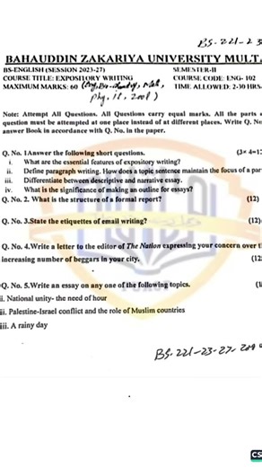 Expository Writing Course Code: ENG-102 BS English 2nd Sem (Bahauddin Zakariya University Multan)