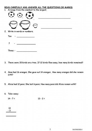 Grade 1 Mathematics Activities Mid Term 3 2025 Exam with Marking Scheme