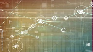 Animation of graphical people icons connecting with lines with grid patterns over moving graph