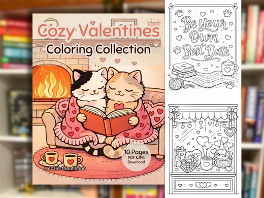 Cozy Valentines Cat Coloring Pages | Printable Adult Coloring Book, Bookstore & Self-love Cats, Romantic Line Art, PDF JPG 8.5x11 - Etsy