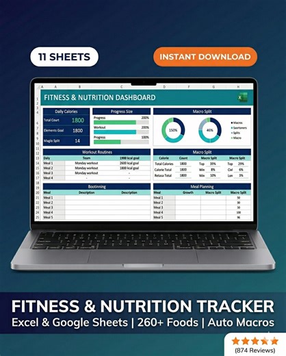 Fitness & Nutrition Tracker Spreadsheet | Calorie Tracker with Meal Planner | Food Log | TDEE Calculator