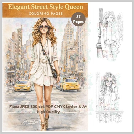 37 Elegant Street Style Queen Coloring Page I JPEG, PDF CMYK Letter & A4 - Etsy