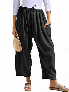 Airmenty Women Wide Leg Pants Summer Casual Low Waist Loose Drawstring Harem Pants Linen Beach Palazzo with Pockets