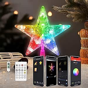 Smart Christmas Tree Topper Star, 9" 20LEDs Lighted Star Topper Xmas Tree Decorations with App Control, RGB Color Changing Music Sync Xmas Topper for Indoor Party Holiday Decor