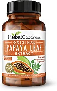 Papaya Leaf Extract Digestive Enzymes - 10X Strength 30/600mg Veg Capsules- Blood Platelet, Bone Marrow & Spleen Support, Immune Gut & Super Digestive Health - Made in USA by Herbal Goodness