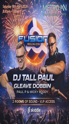 @followers I have a VIP booth up for grabs for this massive event in The Metro Bar in April . Fusion DERRY is hosting super star Dj Tall Paul and N Irelands own super star Gleave Dobbin support from Fusion residents DJ Paul P and Micky Roddy. Watch until the end for instructions on how to enter .Tickets are live now and moving fast on the link below https://www.skiddle.com/e/41988261 | Point Inn Reunion 1