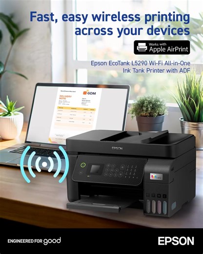 Wireless. Efficient. Hassle-free. Meet the Epson EcoTank L5290 🖨️✨ - Fast printing speeds up to 33 ppm. - All-in-One convenience with ADF. - Ultra-low-cost printing with EcoTank system. #L5290 #EpsonExceedYourVision #CopierCentral #Epson | Copier Central