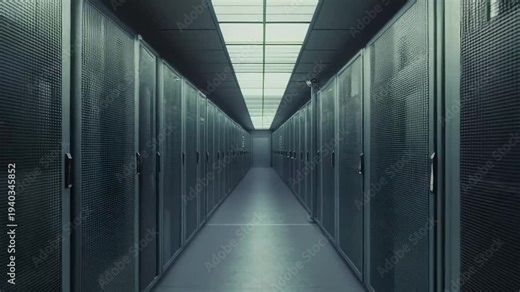 Modern data center corridor lined with rows of high density server racks, highlighting advanced networking, storage, compute power and secure infrastructure for cloud and ai operations