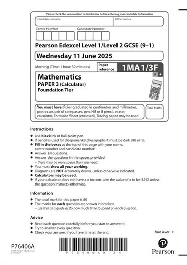 Pearson EDEXCEL GCSE MathemATIcs FoundATIon Tier Paper 3 2025