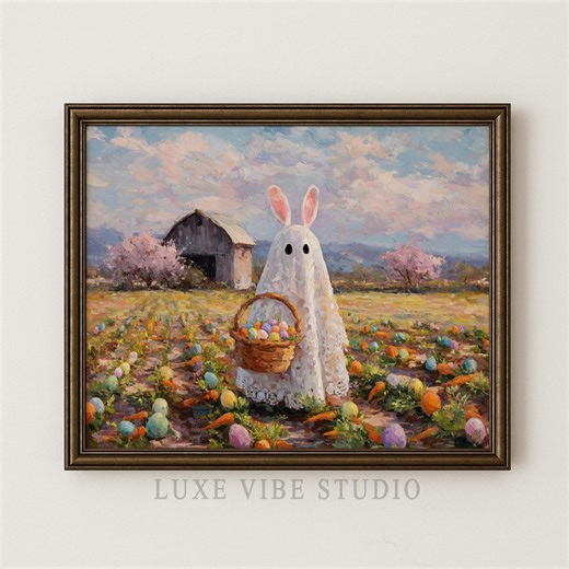 Easter Bunny Ghost Costume Print, Pastel Farmhouse Spring Wall Art, Cute Cottagecore Scene With Basket and Eggs, Printable Download 334 - Etsy