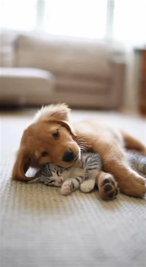 Puppy and Kitty playing together. #dog #cat #cute #puppy #adorable #kitty