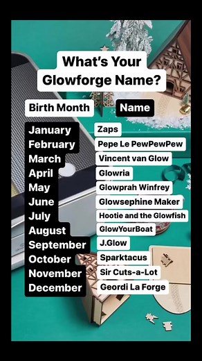 What should you name your Glowforge? Two ways to play: Use your birth month or the month of your #GlowforgeDay. So, what did you get? #namegenerator #game #quiz