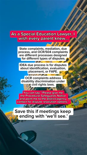 Not every special education dispute is solved the same way. There are different processes for different problems, including: • State complaints • Mediation • IDEA due process • OCR / 504 complaints IDEA due process is generally used for disputes about identification, evaluation, placement, or FAPE. OCR complaints focus on disability discrimination under federal civil rights laws. Knowing which process fits the issue can save time, energy, and frustration. If you’re unsure, you can say: “Please g