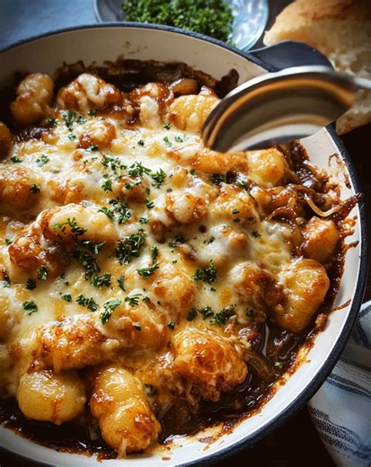 25K views · 77 reactions | This French Onion Gnocchi is cozy comfort in every bite 暈凜 Soft, pillowy gnocchi swimming in caramelized onion sauce and melty cheese — pure bliss!  .............. Full Recipe in Coʍmеոτ  | Recipes with Me | Facebook