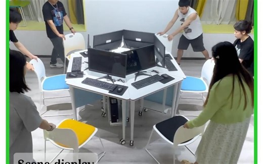 Computer desks and chairs in the computer classroom