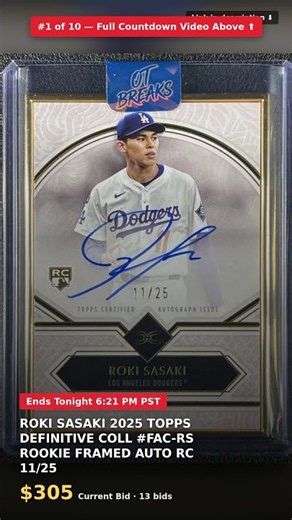 #1 - Ending Today - Link Below: ROKI SASAKI 2025 TOPPS DEFINITIVE COLL #FAC-RS ROOKIE FRAMED AUTO…