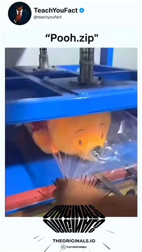 teachyoufact on Instagram: "This roughly 29-second clip from a bustling Chinese stuffed toy factory showcases a hilariously cathartic manufacturing process where workers repeatedly flatten adorable yellow Winnie the Pooh plushies-complete with red shirts and cute stitched faces-using a large blue hydraulic press machine with glowing green lights and safety stickers, starting with a hand placing the fluffy toy on the colorful platform, activating the press to squish it into a pancake-like sheet a