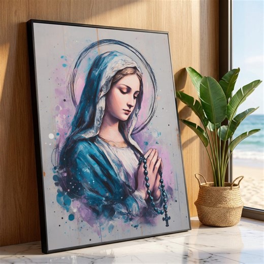 Praying Virgin Mary Canvas Wall Art, Religious Catholic Devotion, Spiritual Christian Decor, Rosary and Halo Painting, Luxury Home Decor - Etsy