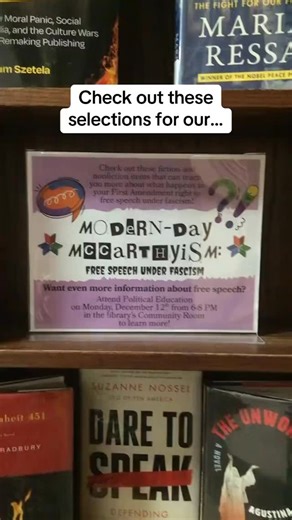The second January display we’re showing off features fiction and nonfiction selections to promote our Political Education program that is happening on Monday, January 12th from 6-8 PM in the library’s Community Room. 🧑‍🏫 If you choose to join us Monday, we’ll be talking about Modern-Day McCarthyism and what happens to your free speech and other First Amendment rights under fascism. At the end of the program, right after the “What You Can Do About It” section, we’ll play trivia! The trivia win